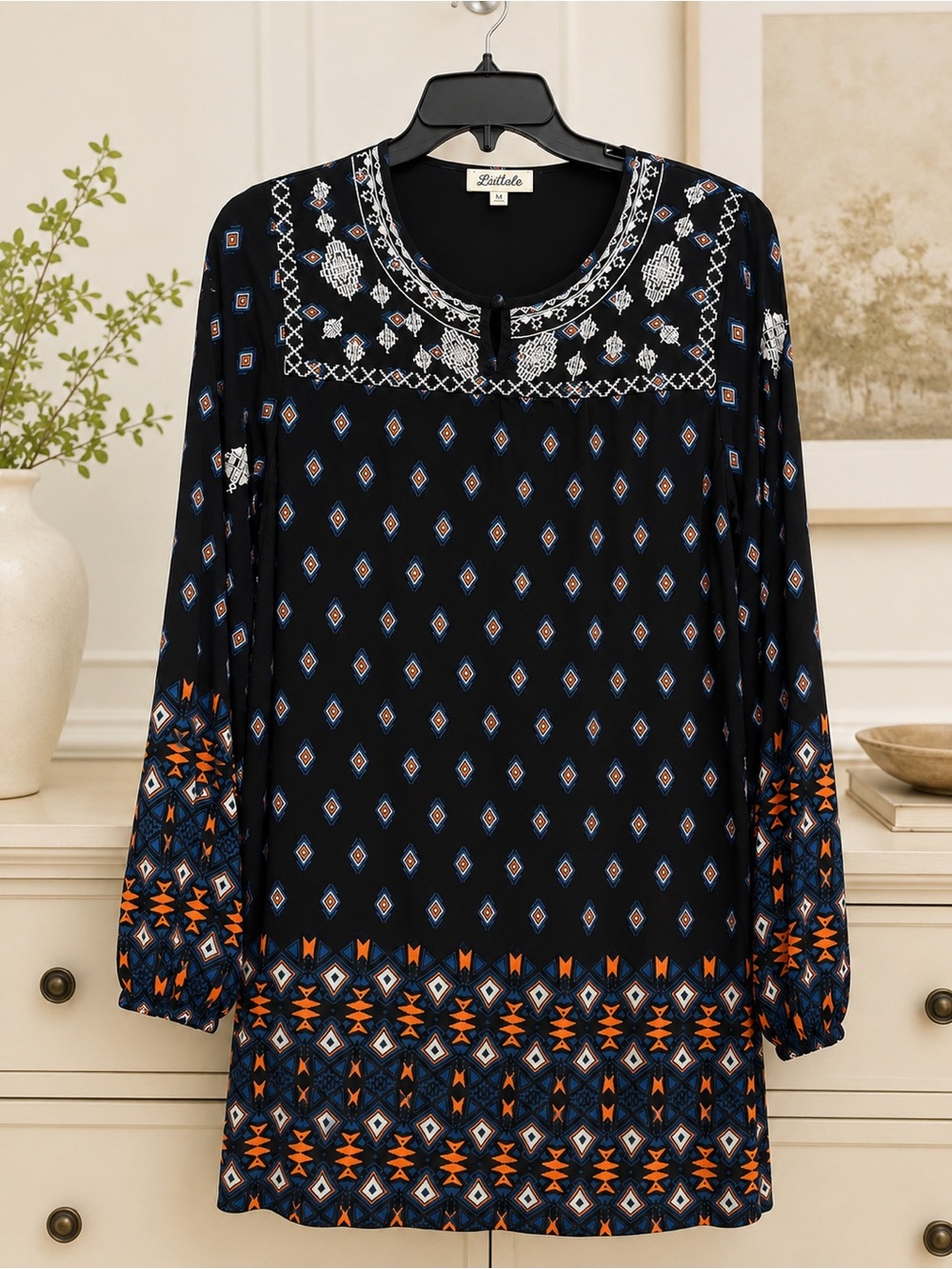 Listicle Black Tunic with Blue, White & Orange Geo Motif